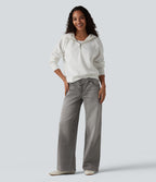 Halara Flex™ Jean large asymétrique taille basse avec bouton, fermeture éclair et poches multiples, délavé et extensible en maille