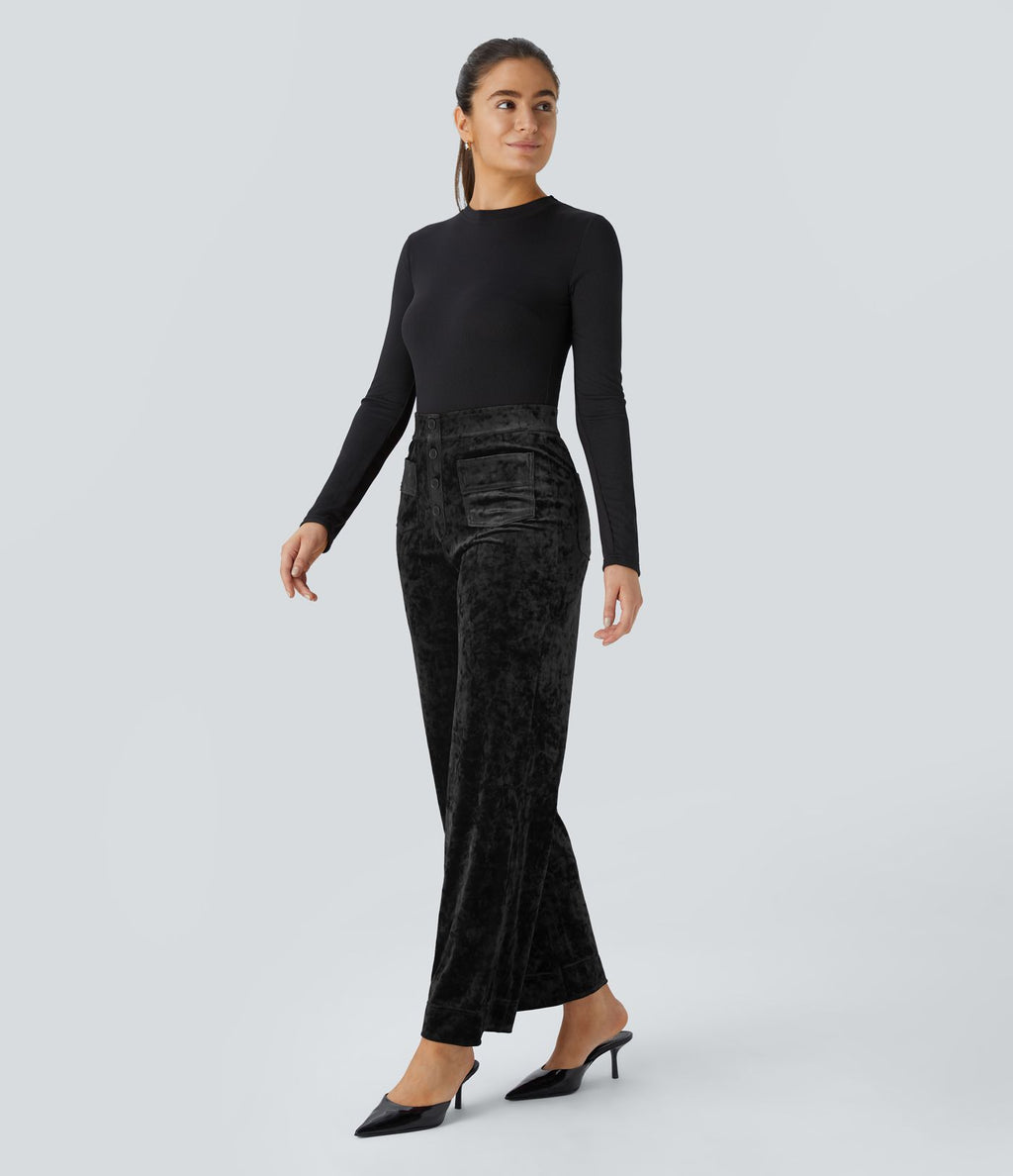 Pantalon Casual en Velours Taille Haute avec Bouton Multipoches Droites