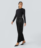 Pantalon Casual en Velours Taille Haute avec Bouton Multipoches Droites