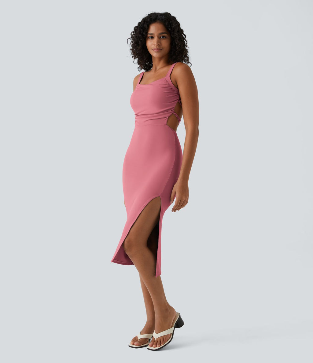 Robe midi laquée fendue, brassière intégrée, dos nu croisé