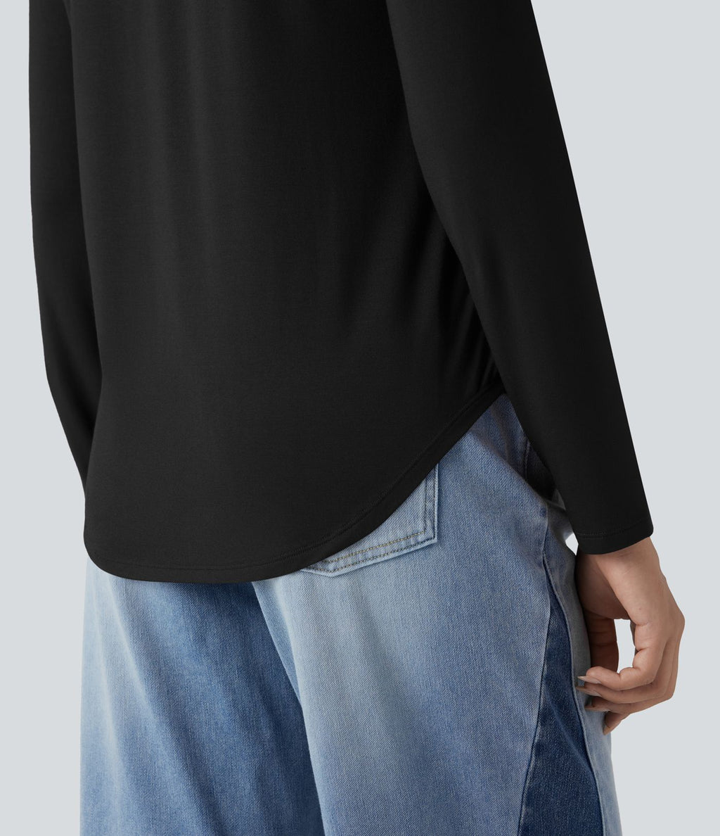 T-shirt col V manches longues ourlet arrondi coupe décontractée avec poche