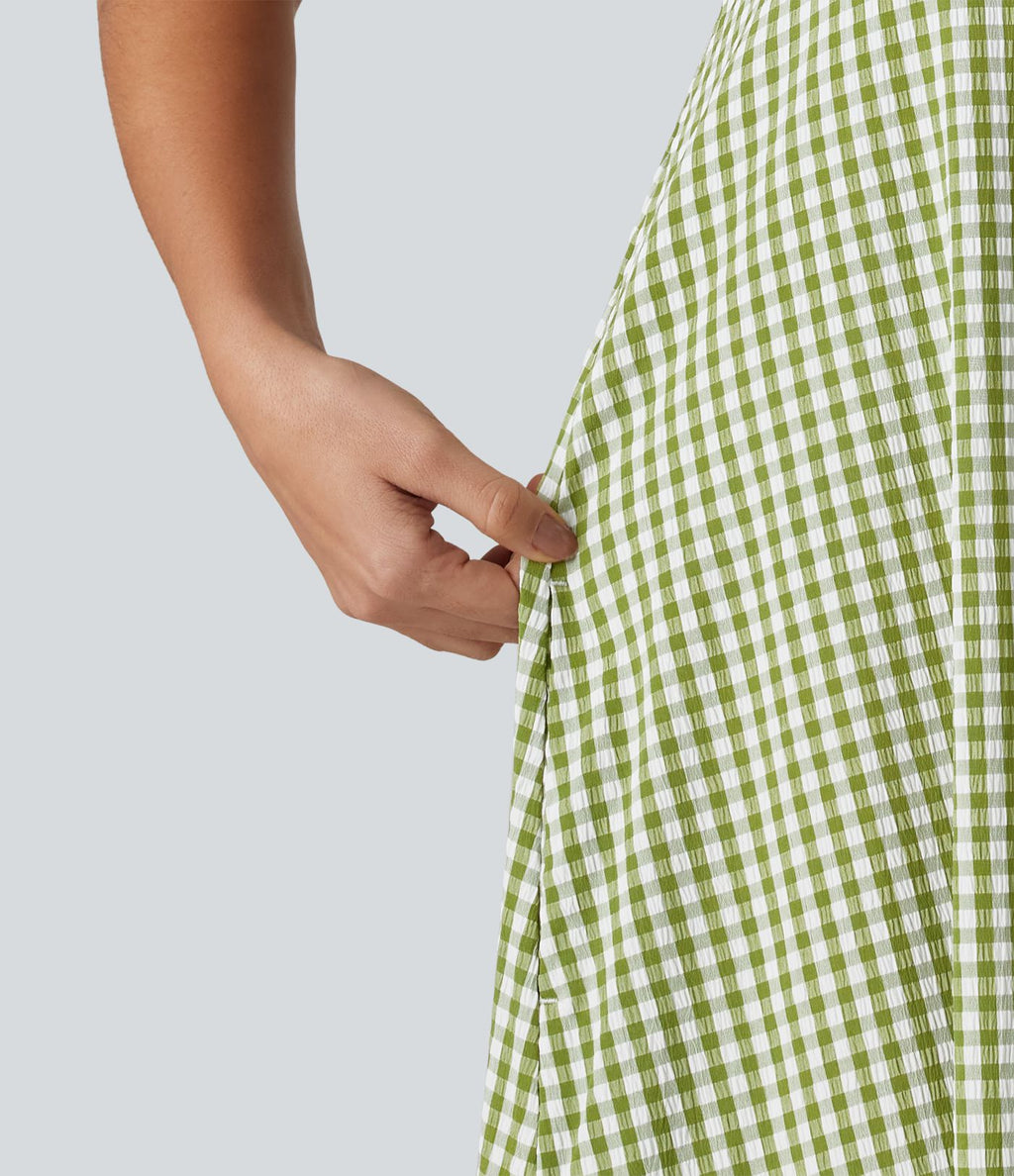 Robe débardeur midi décontractée col rond sans manches en vichy froissé avec poches