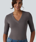 T-shirt décontracté col V manches mi-longues en maille côtelée