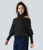 Pull col montant épaules dénudées manches chauve-souris longues