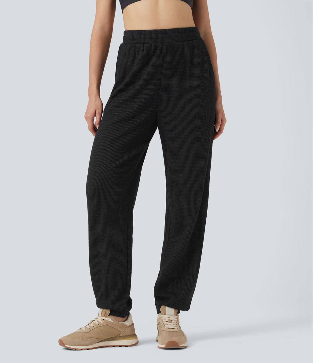 Jogging décontracté maille gaufrée taille haute avec cordon et poches