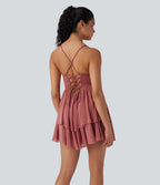 Robe Soirée Mini Superpositions en Maille avec Dos Nu Croisé Lacets