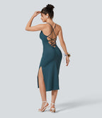 Robe moulante SoftlyZero™ Airy fendue à effet frais InstantCool, brassière intégrée, dos nu croisé à lacets, légèrement plissée pour invitée de mariage et demoiselle d'honneur