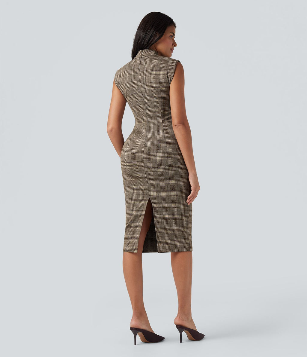 Robe de travail midi moulante sans manches col montant pied-de-poule à carreaux