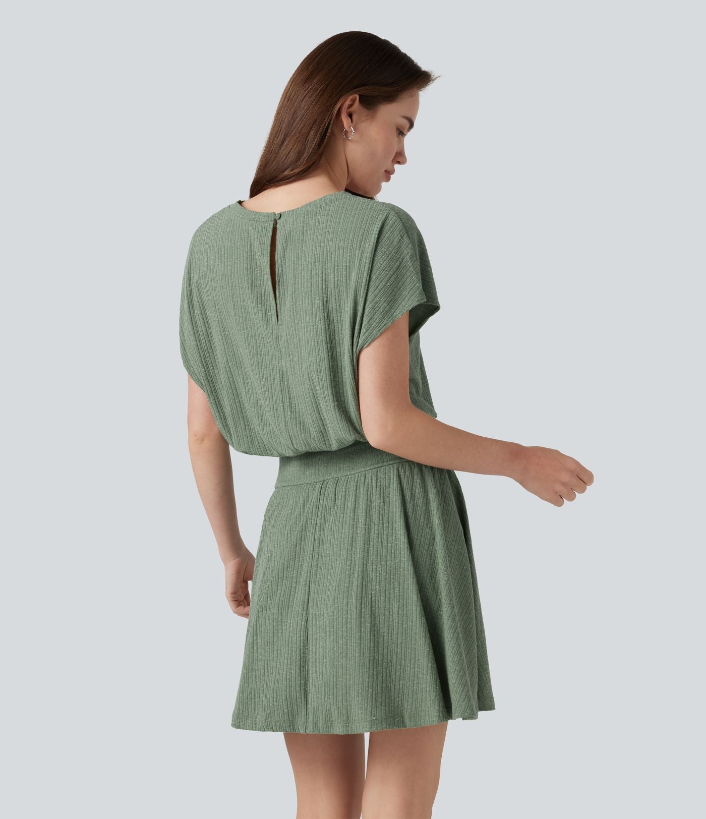 Robe mini décontractée 2-en-1 en maille côtelée mélange de lin, col V, manches courtes, coupe fluide