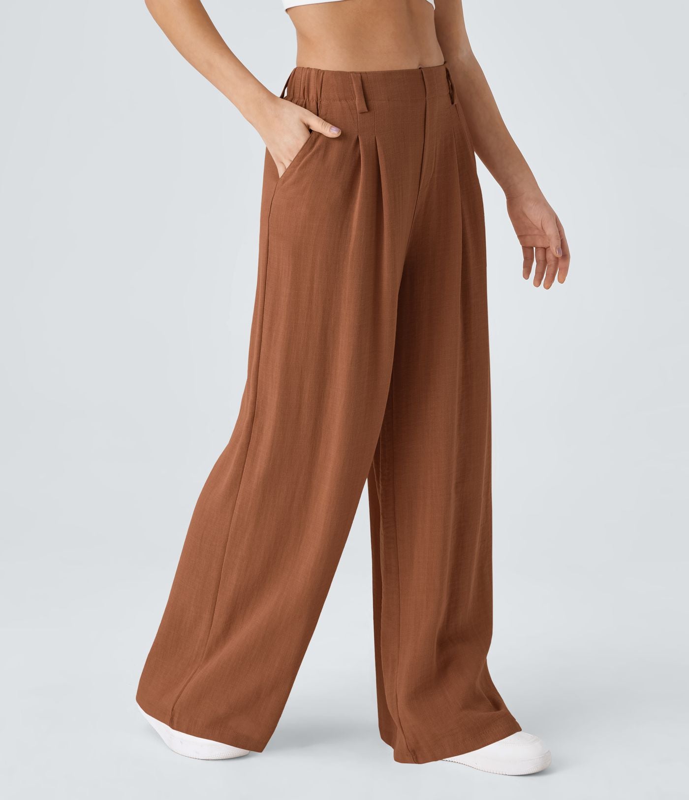 Pantalon Fluide Large Taille Haute Poches Latérales Palazzo Solide Casual Linen-Feel