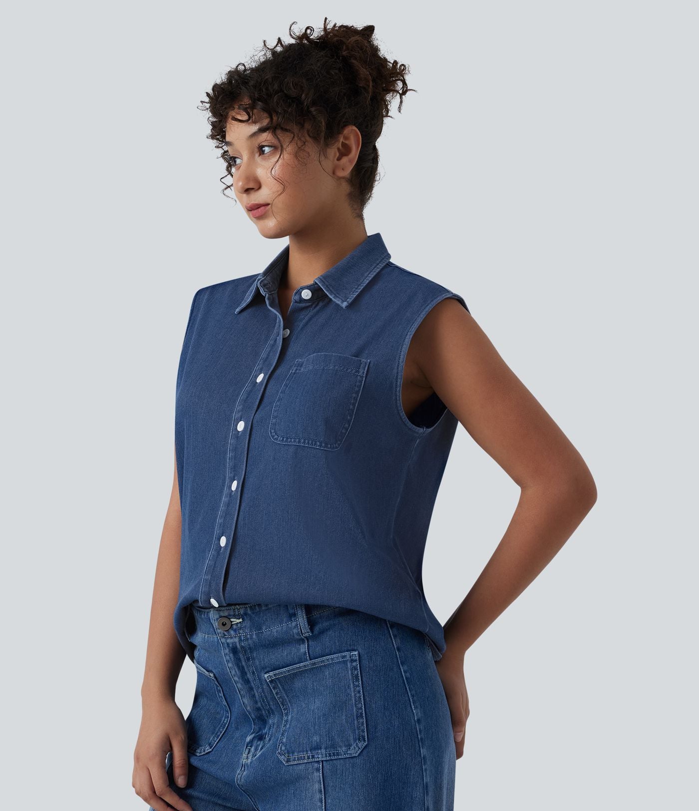Halara Flex™ Chemise décontractée sans manches en denim avec poche