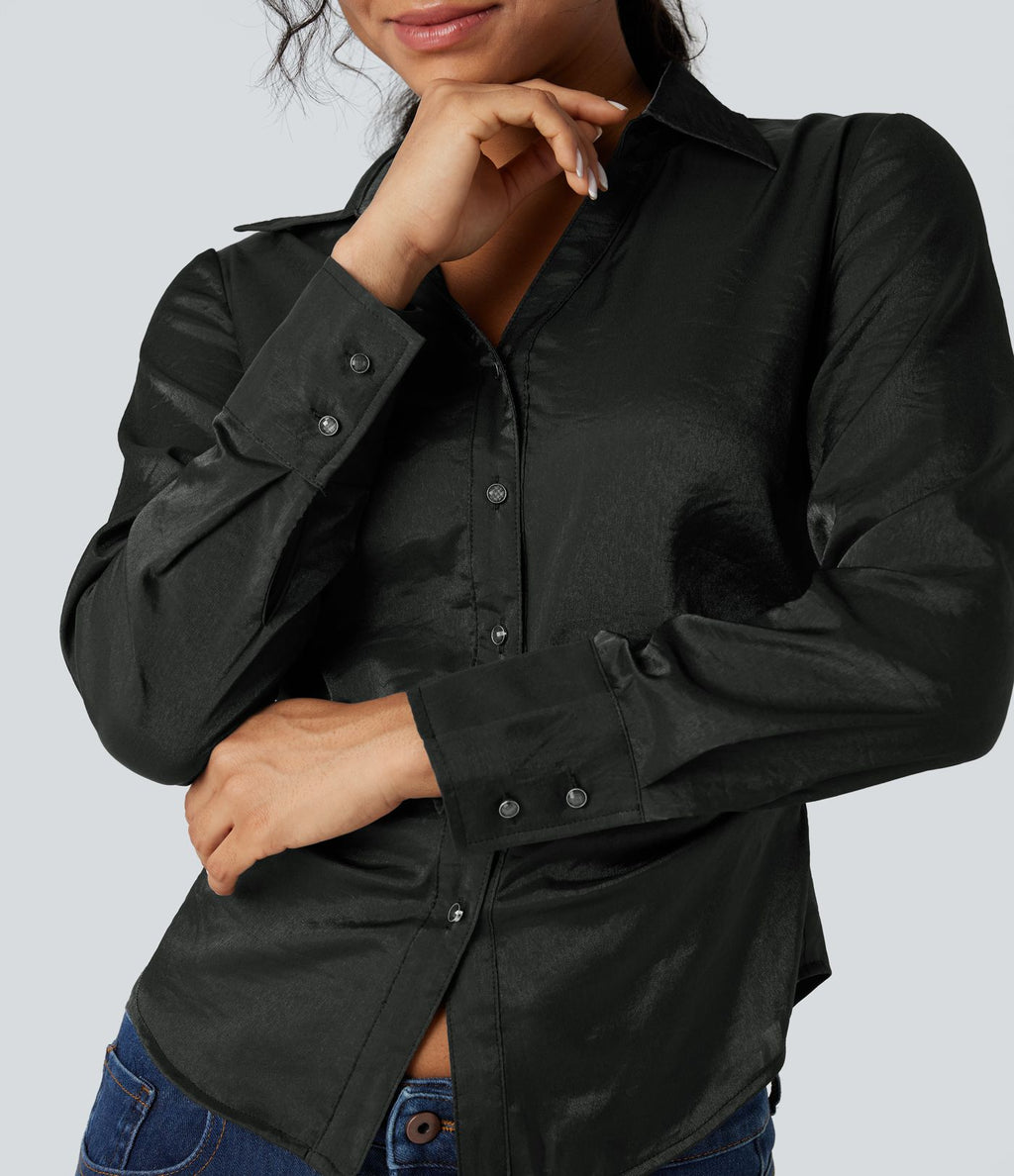 Chemise décontractée ajustée col V manches longues ourlet arrondi