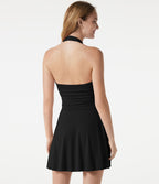 Robe mini décontractée, col V profond, dos-nu type licou, brassière intégrée, fronces, à poches