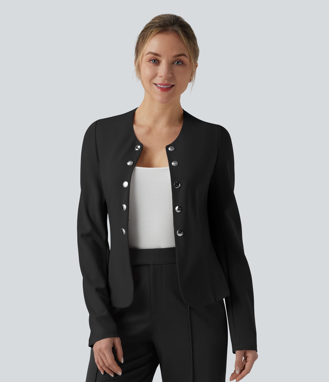 Blazer de travail col rond boutons décoratifs ourlet plissé