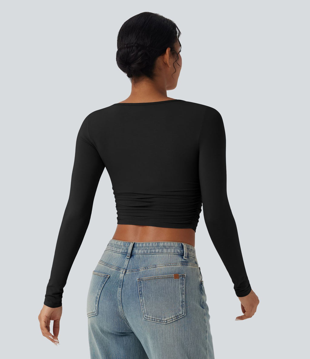 Haut casual crop col bateau manches longues froncé