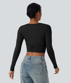 Haut casual crop col bateau manches longues froncé