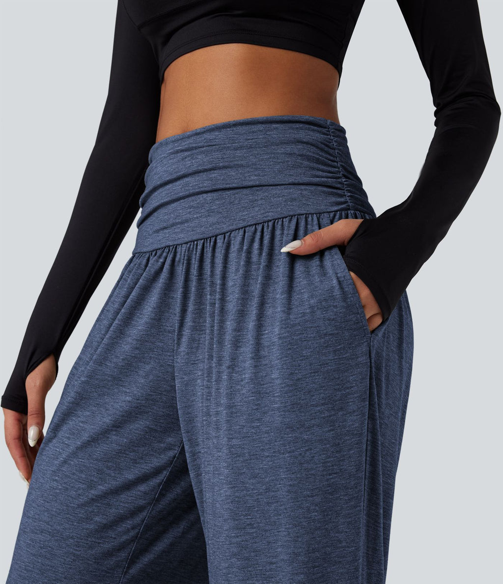 Pantalon de yoga large froncé chiné taille haute avec poches