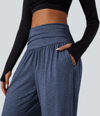 Pantalon de yoga large froncé chiné taille haute avec poches