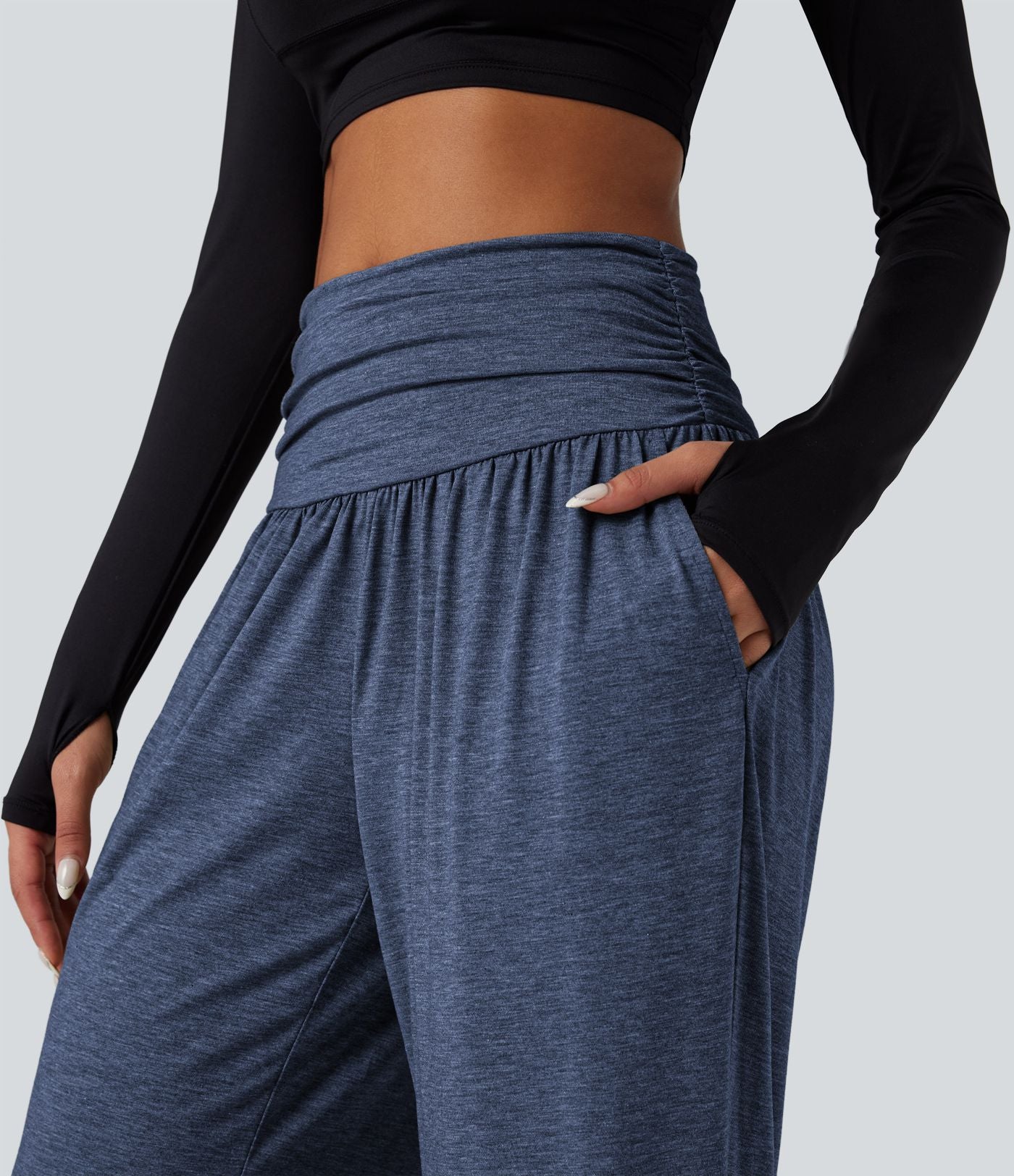 Pantalon de yoga large froncé chiné taille haute avec poches