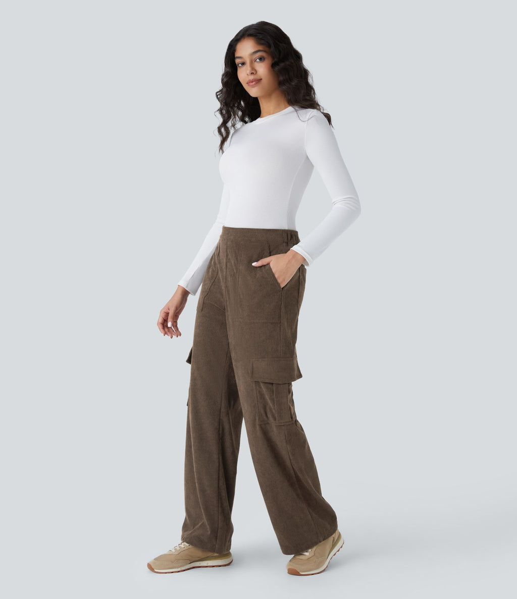 Pantalon cargo décontracté droit en velours côtelé, taille mi-haute, avec poches