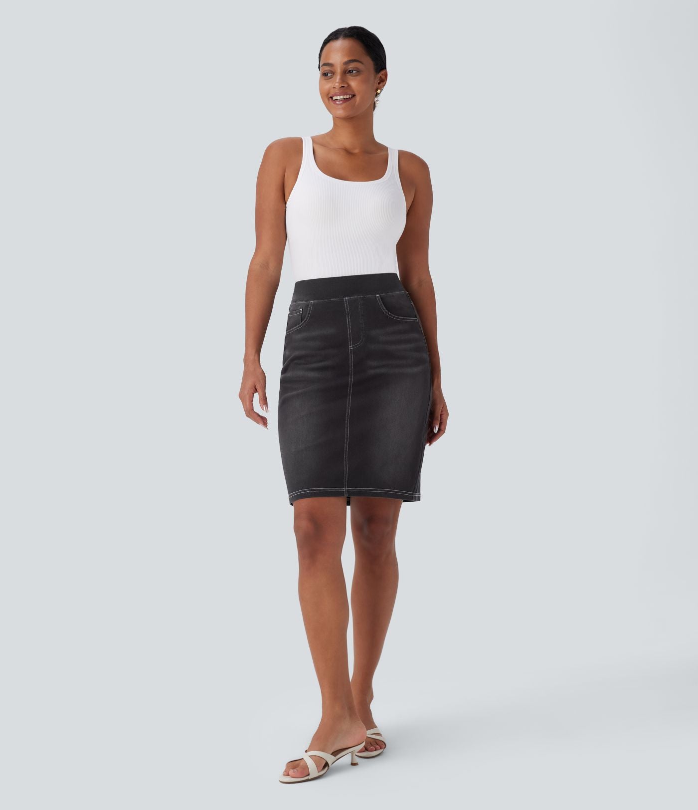 Halara Flex™ Jupe en Jean décontractée stretch délavé à taille haute, multiples poches et fente latérale