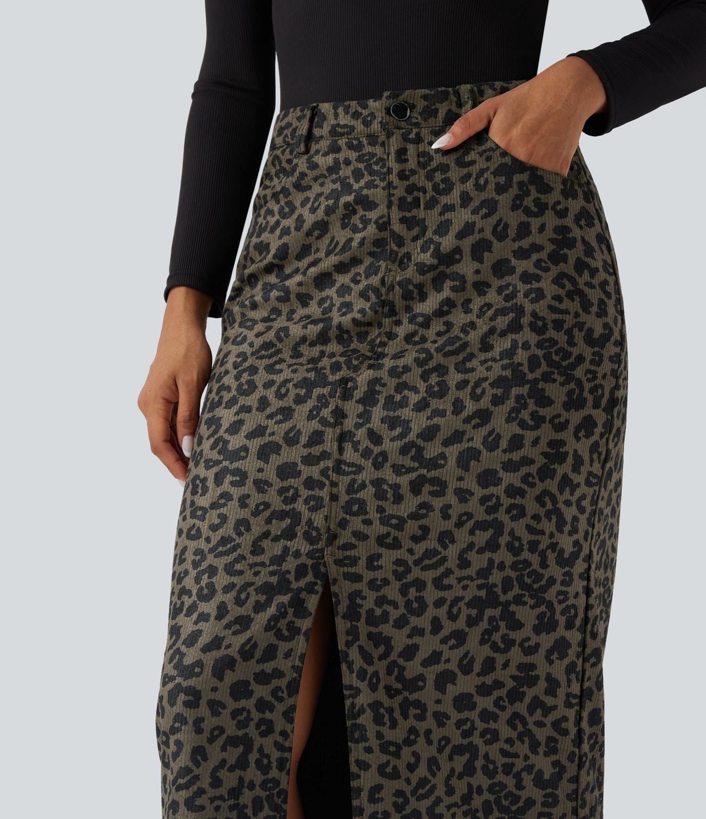 Jupe mi-longue décontractée imprimé léopard taille mi-haute avec poches