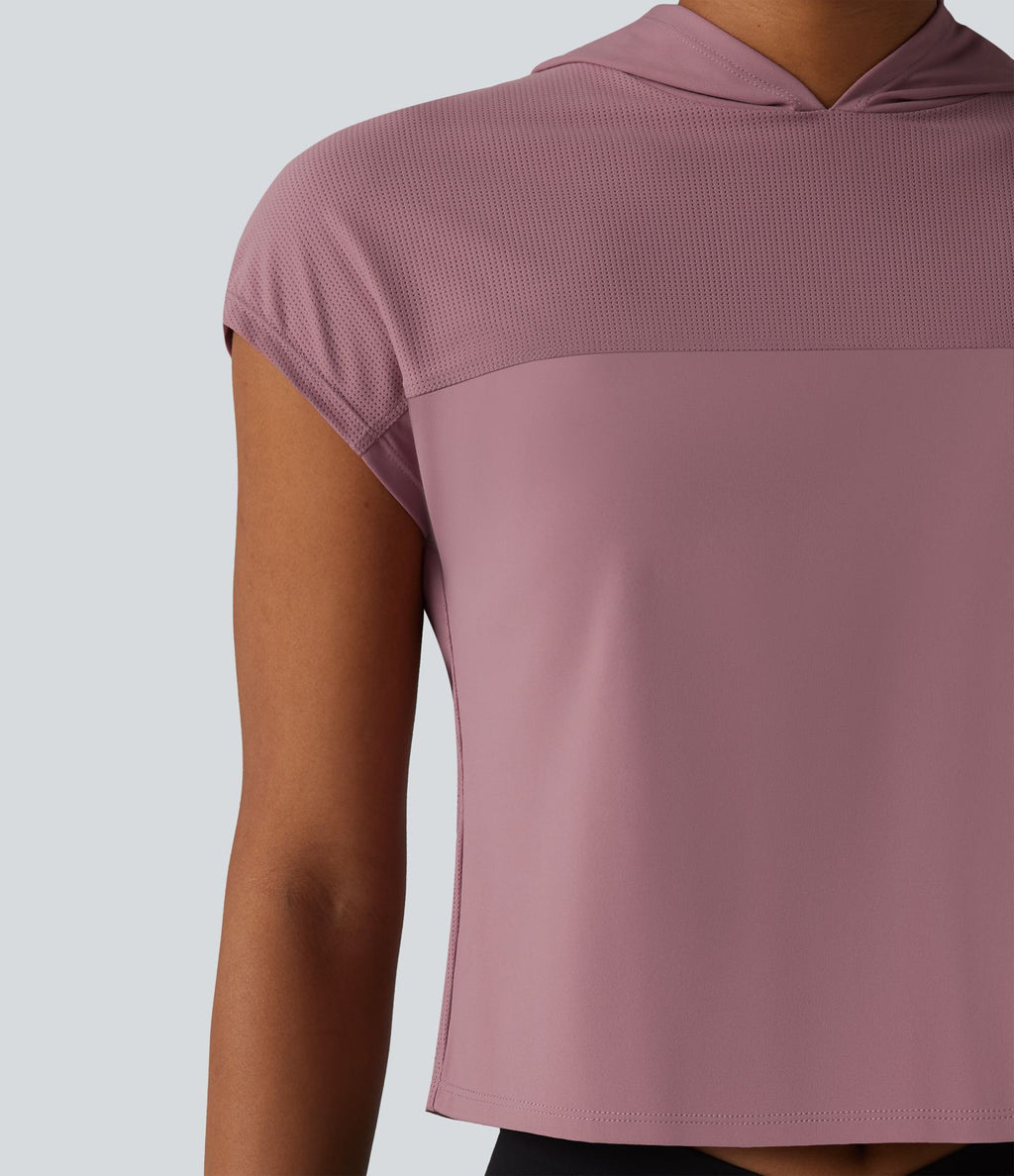 Haut de sport court à capuche et manches courtes en mesh respirant, agréable au toucher, séchage rapide, protection solaire UPF50+