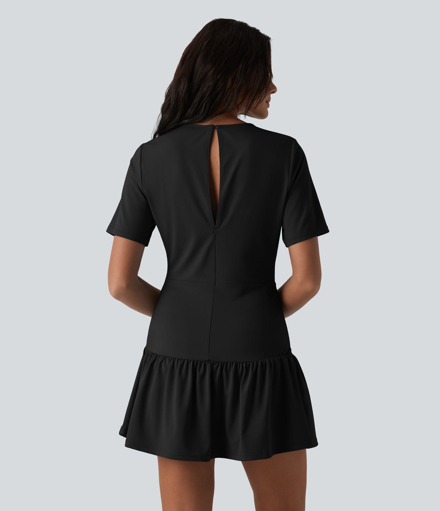 Robe mini casual 2 pièces col rond manches courtes dos goutte d'eau avec poches