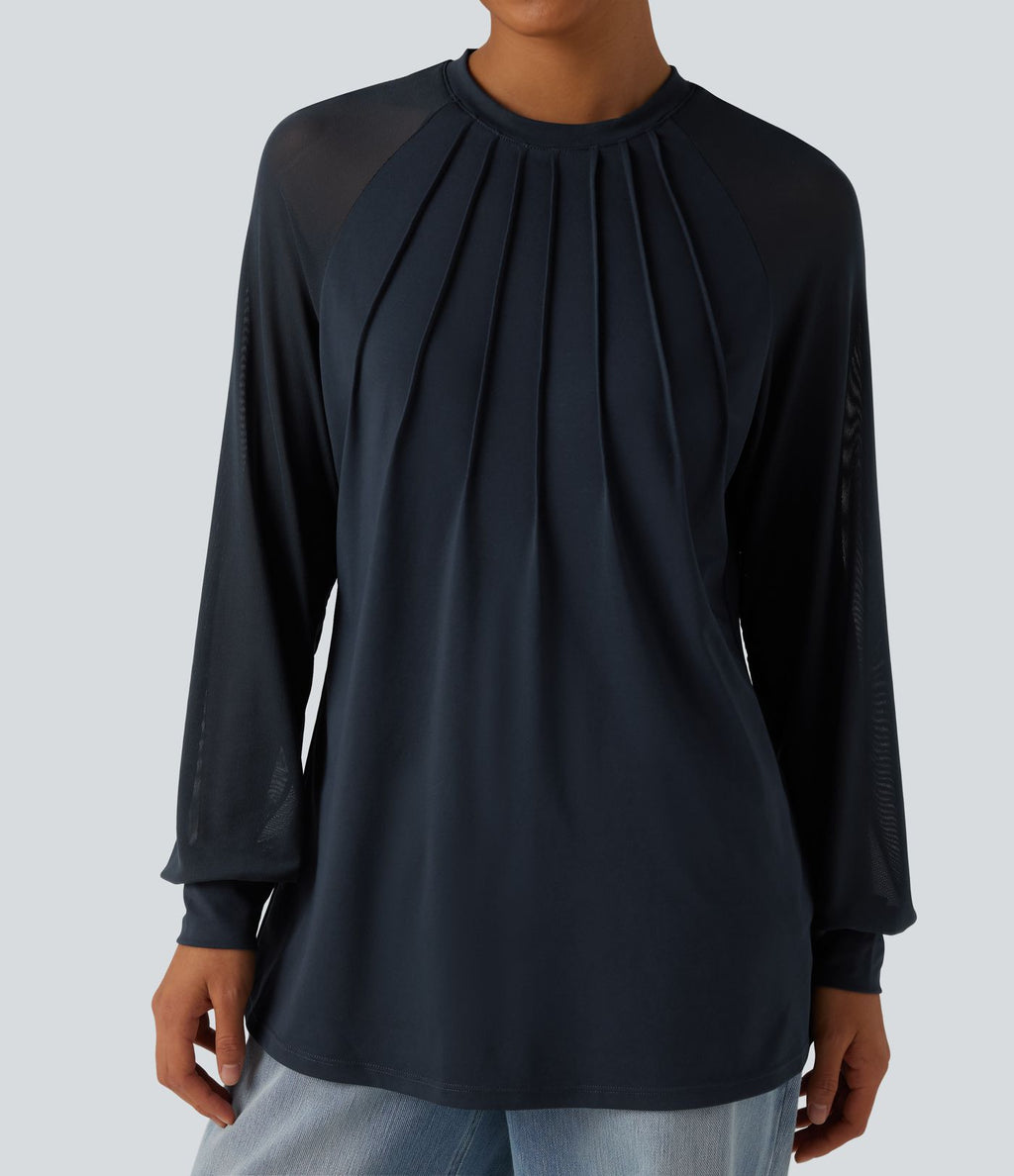Blouse mesh contrastant col rond manches raglan longues