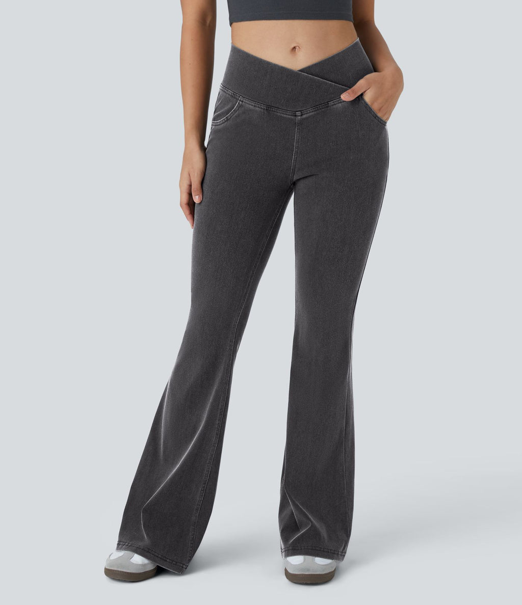 Jean super évasé Halara Flex™ décontracté maille denim extensible délavée effet frais InstantCool taille haute poches croisées