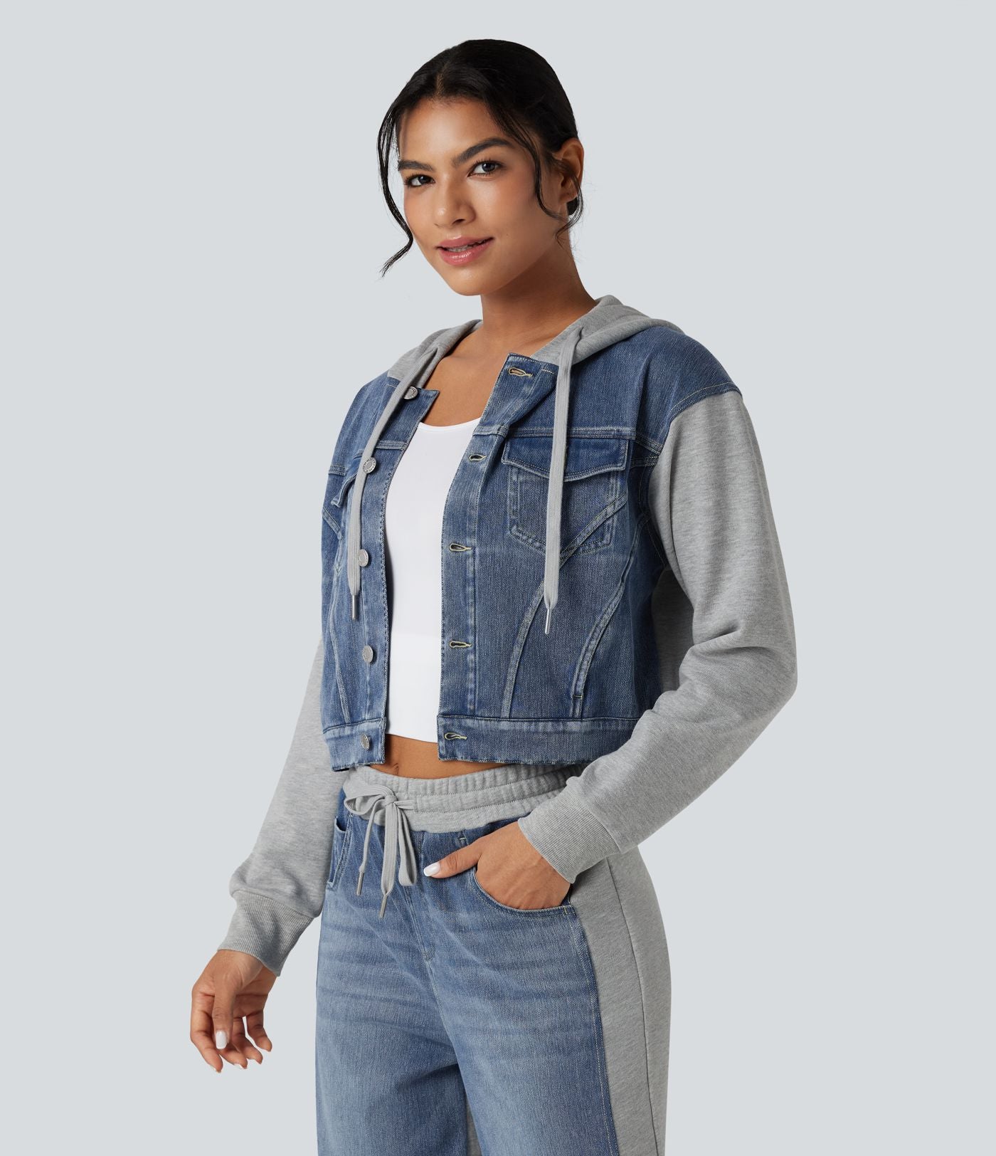 Veste en jean patchwork à capuche avec cordon de serrage et manches longues Halara Flex™