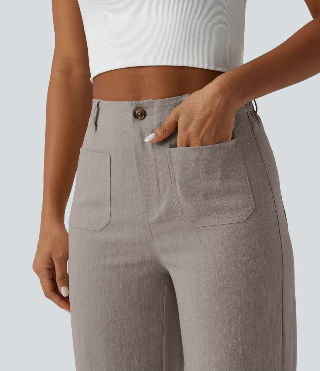 Pantalon taille haute coupe droite effet lin avec poches