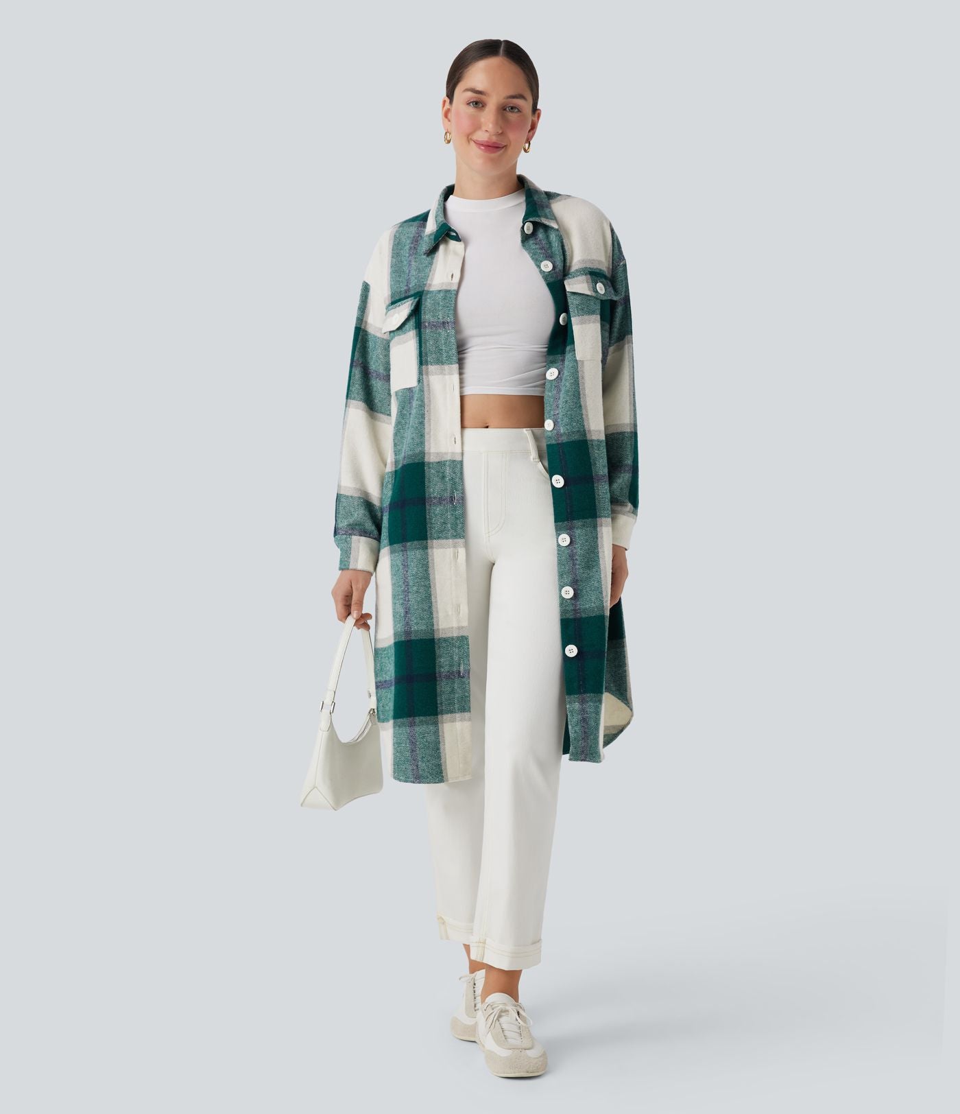 Veste décontractée longue à motif écossais avec ourlet arrondi et poches