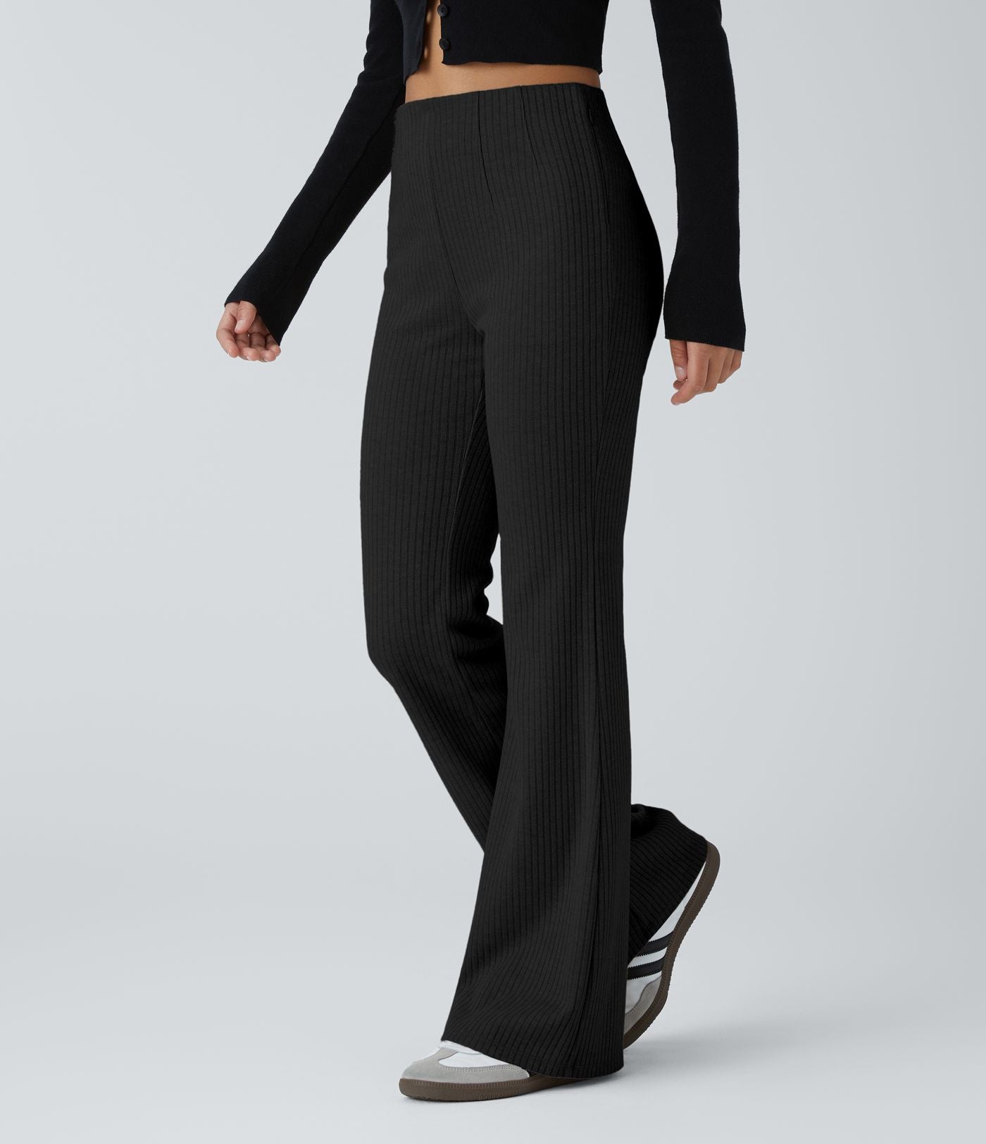Pantalon décontracté évasé en maille côtelée à taille haute et poches zippées latérales