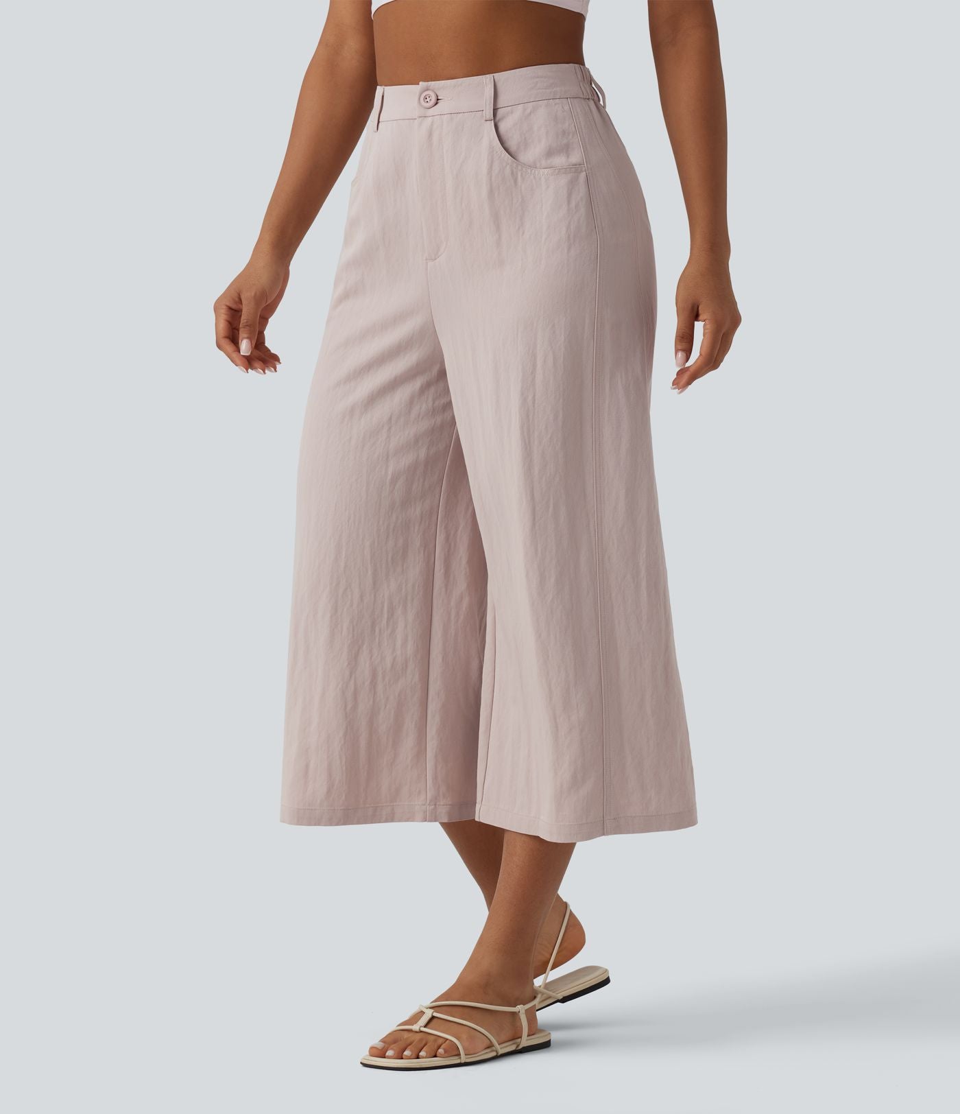 Pantalon large décontracté court taille haute avec poches