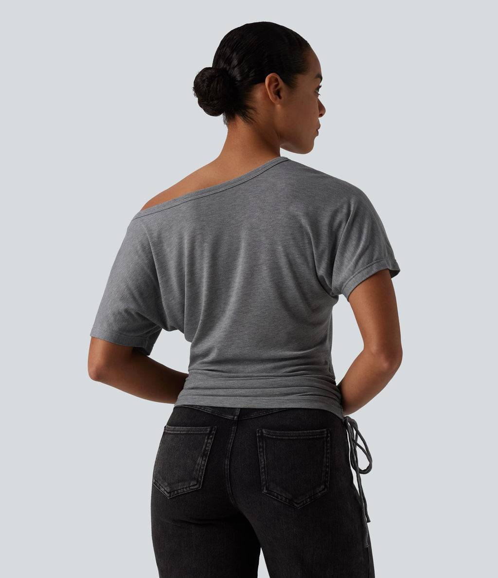 T-shirt décontracté asymétrique manches courtes avec cordon de serrage mélange laine