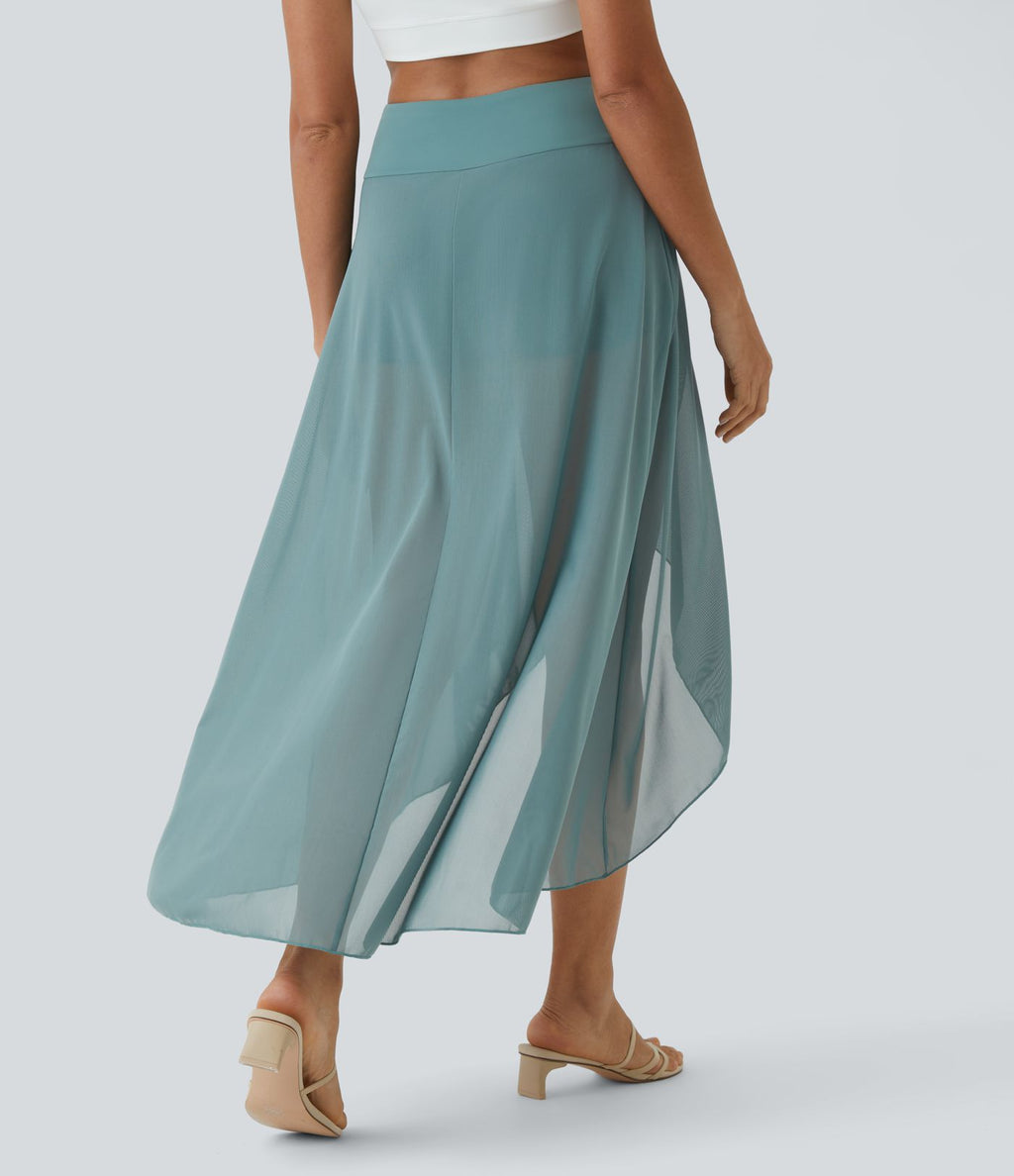 Jupe Longue Fluide Taille Haute à Volants 2 en 1 Poche Latérale Évasée en Mesh Casual Quotidien