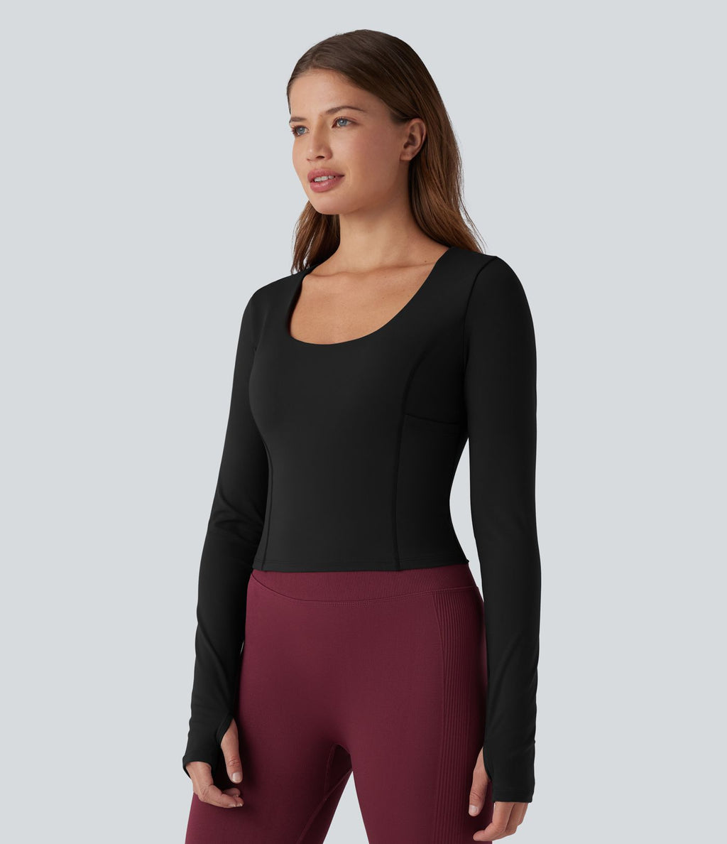 Haut de yoga SoftlyZero™ Plush push-up à col arrondi, manches longues, trous pour les pouces et poches