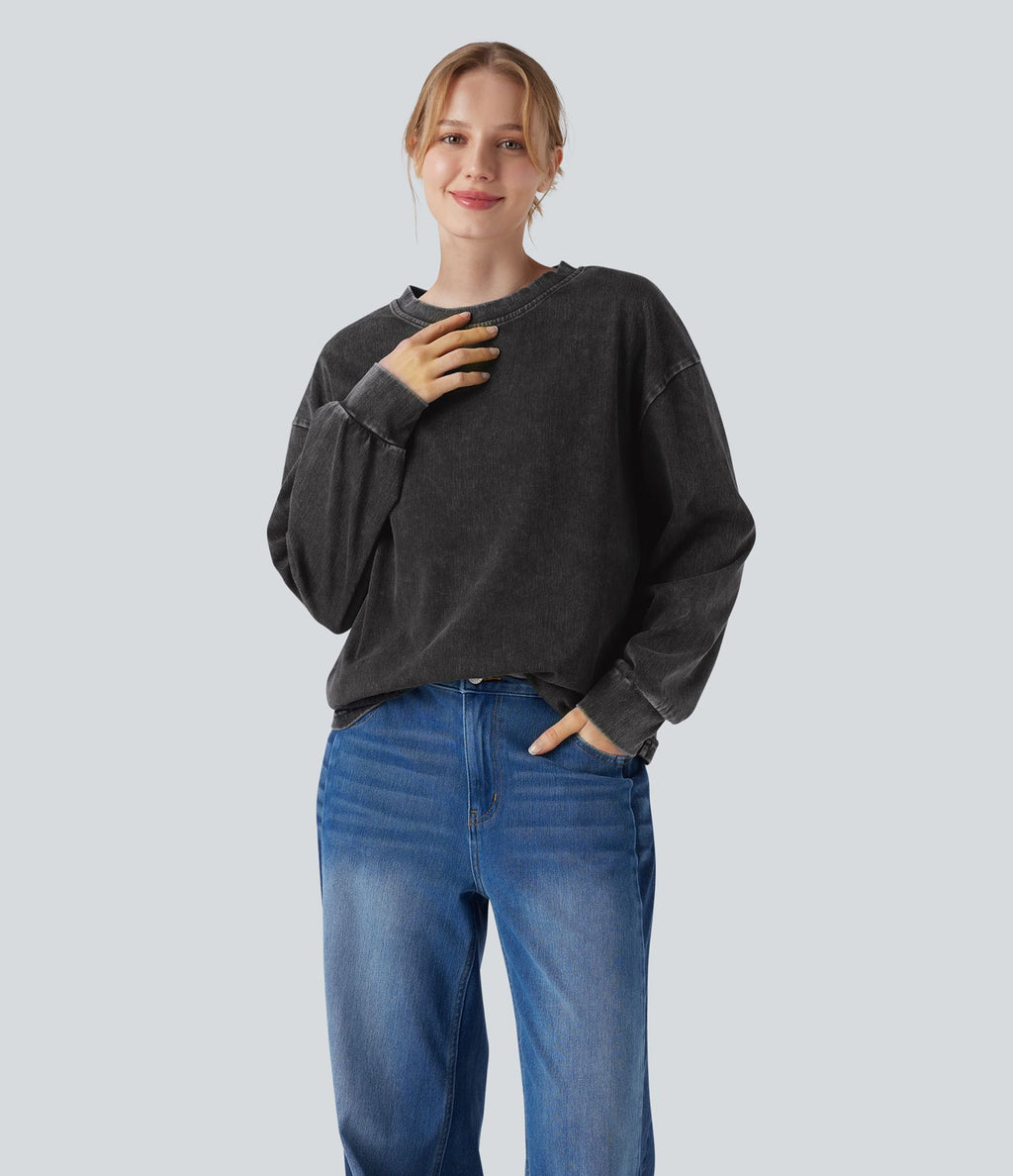 Halara Flex™ T-shirt casual délavé en denim à col rond et manches longues