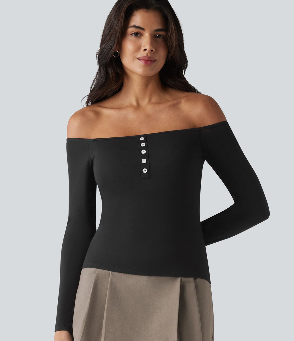 T-shirt casual ultra-ajusté côtelé épaules dénudées à manches longues avec soutien-gorge intégré