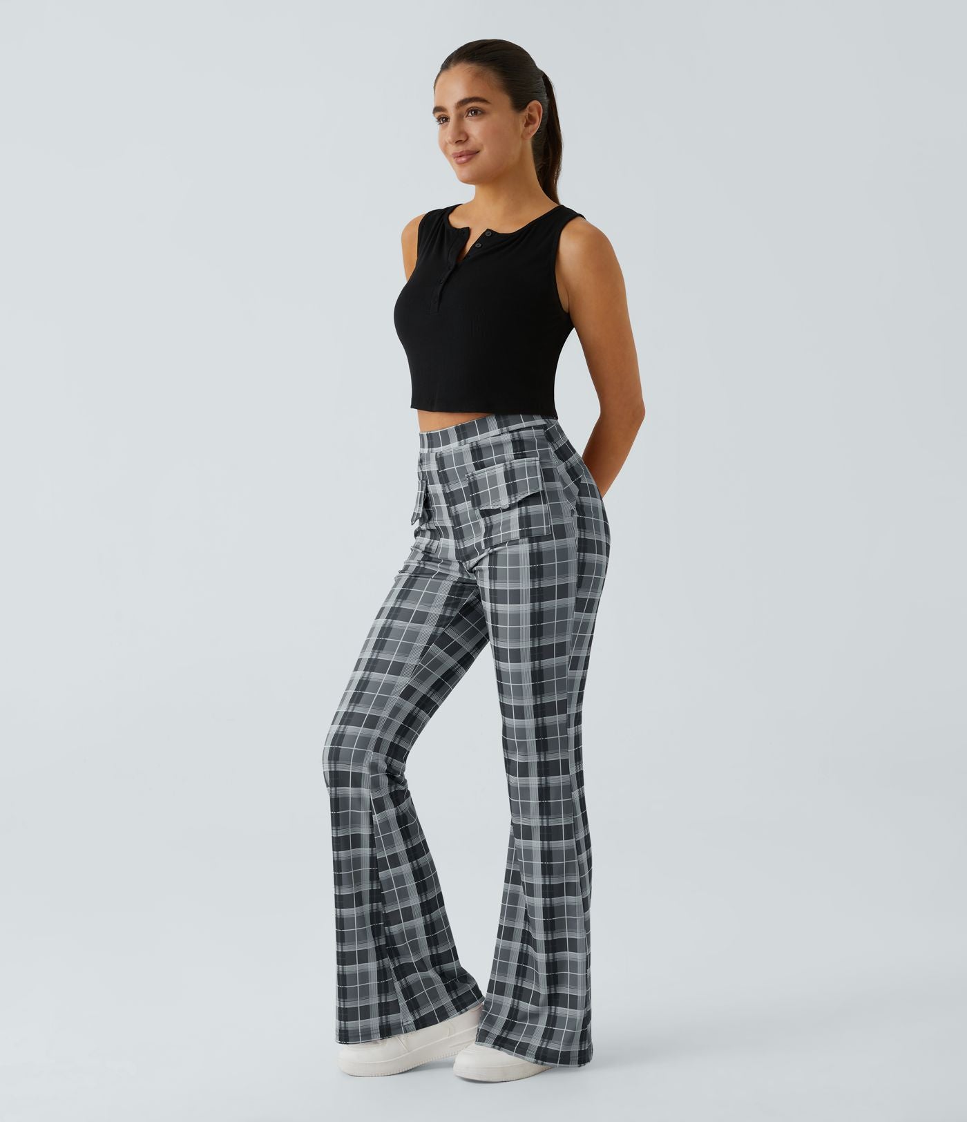 Pantalon Casual à Carreaux Évasé et Taille Haute avec Poches