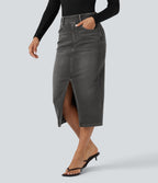 Halara Flex™ Jupe en Jean Casual Mi-Longue Délavé Extensible Plusieurs Poches Taille Haute