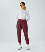 Pantalon décontracté en velours côtelé avec taille mi-haute, boutons et fermeture éclair