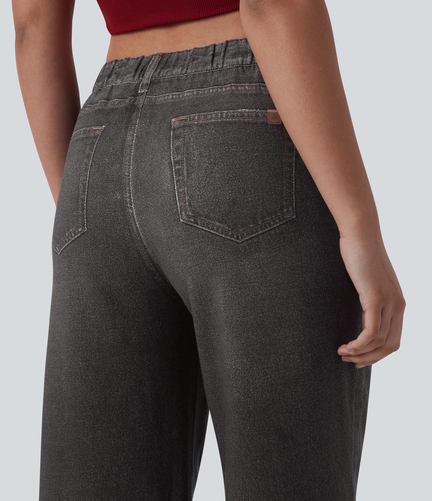 Jogging jean décontracté en molleton French Terry imprimé denim taille mi-haute avec poches