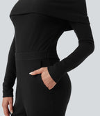 Combinaison décontractée évasée maille côtelée épaules dénudées ceinture rabattable manches longues avec poches - Édition Easy Peasy