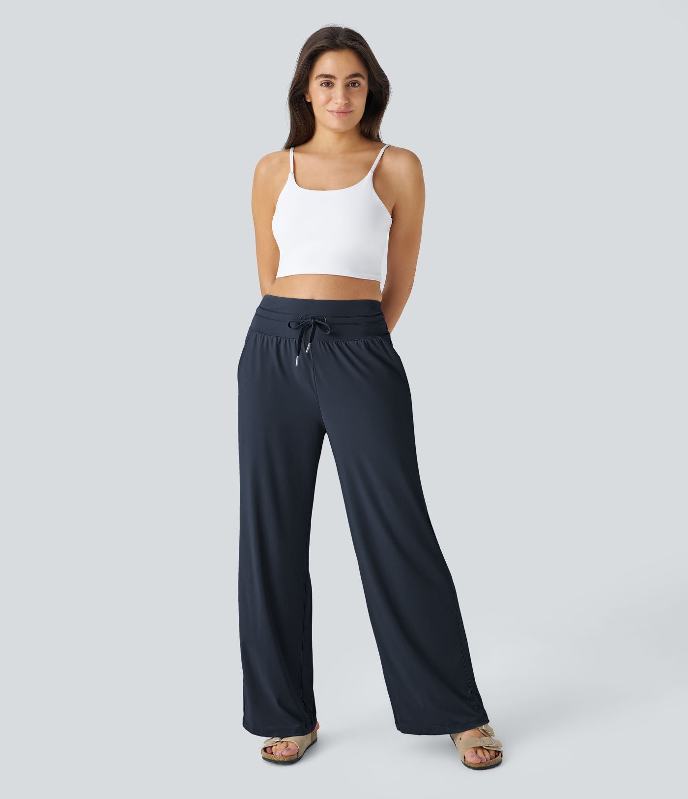 Pantalon large décontracté taille haute cordon de serrage poches latérales effet frais InstantCool