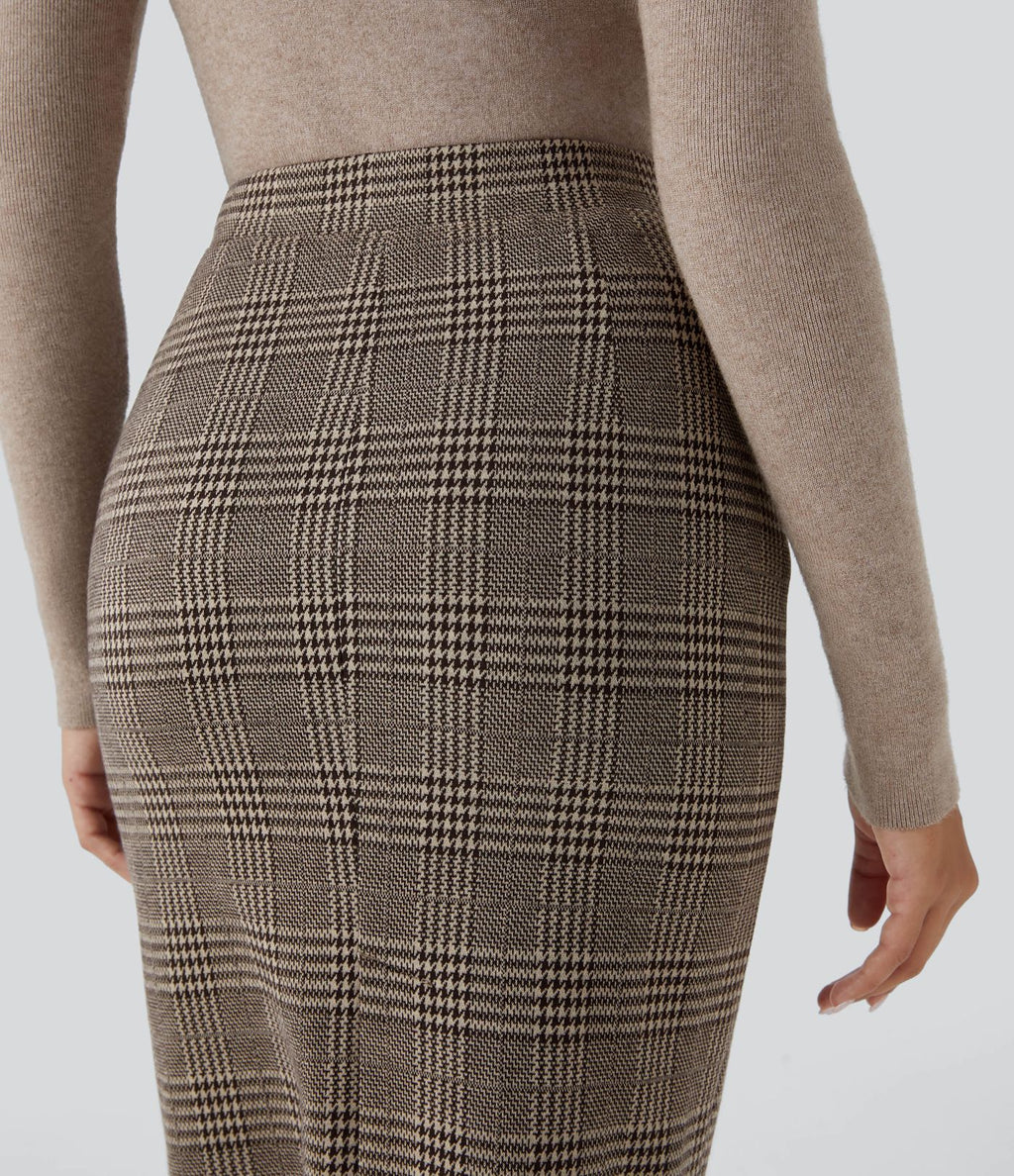 Jupe crayon de travail à taille haute, fente et motif pied-de-poule et carreaux