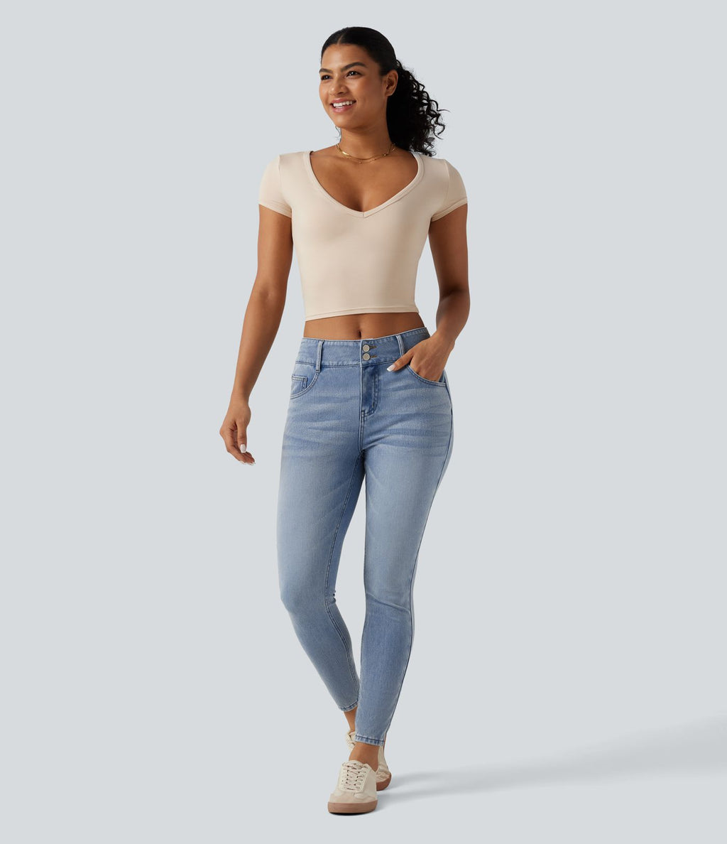 Halara Flex™ Jean skinny 7/8 casual taille mi-haute en lyocell drapé effet délavé, avec poches