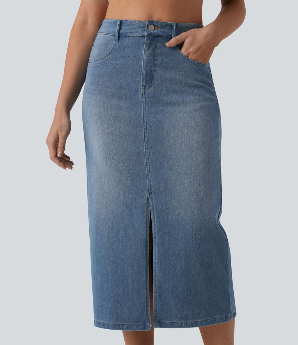 Halara Flex™ Jupe droite midi en denim taille haute avec fente et poches