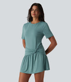 Robe mini casual 2 pièces col rond manches courtes dos goutte d'eau avec poches